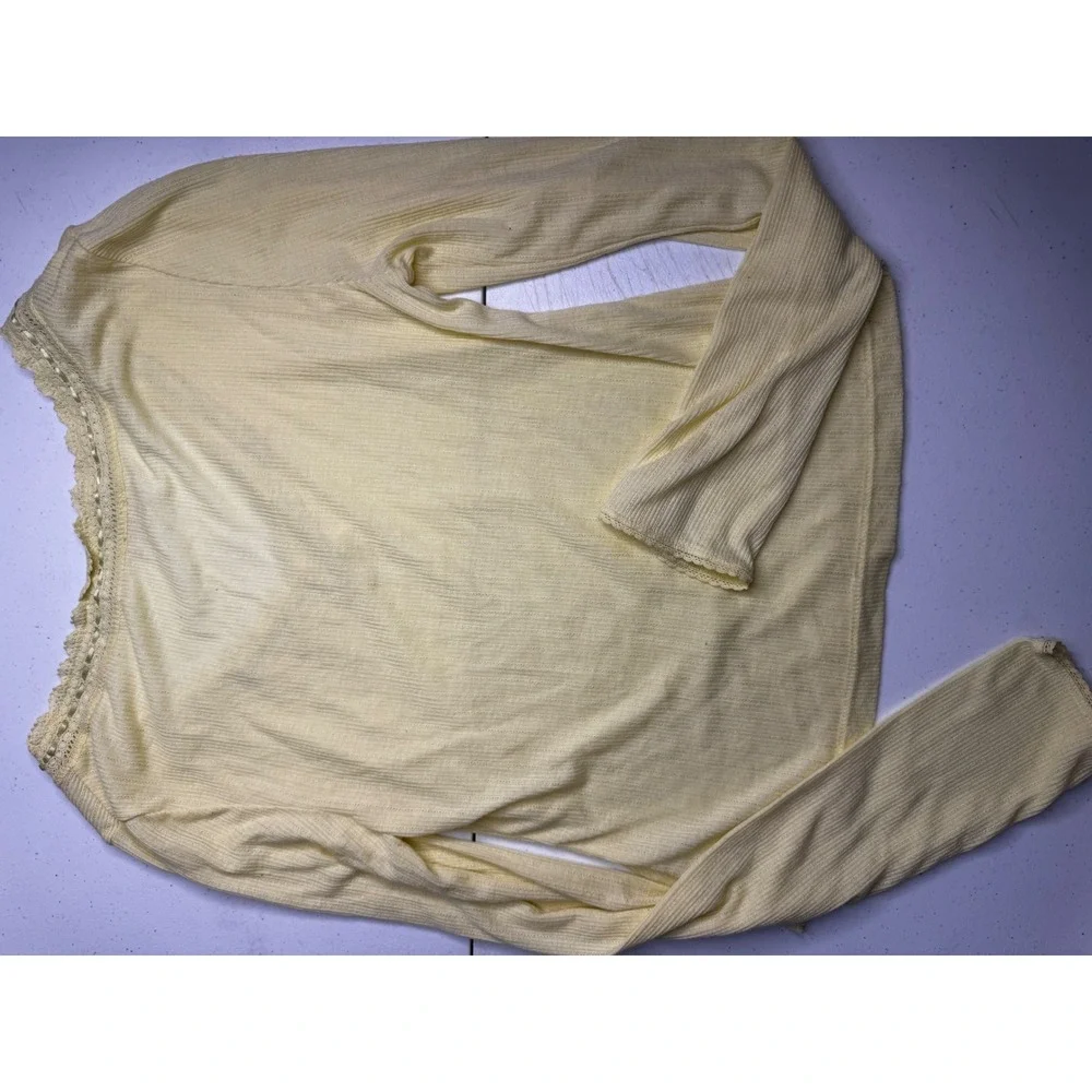 Free People Intimately Yellow Pointelle Lace Trim Ribbon Long‎ Sleeve Top Medium